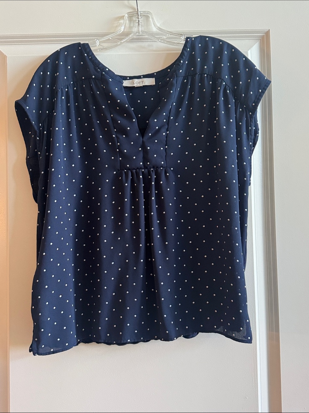 LOFT Navy and White Polka Dot Cap Sleeve Blouse